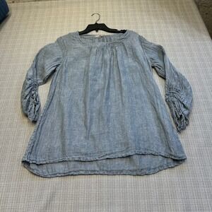 FLAX 100% Linen Swing Top Shirt Medium Coastal Rouched Sleeve Coastal Euro